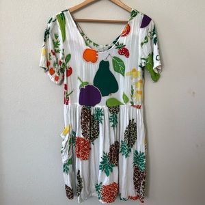 Vintage 1990’s Jams World Farmers Market Fruit & Veggie Print Rayon Dress